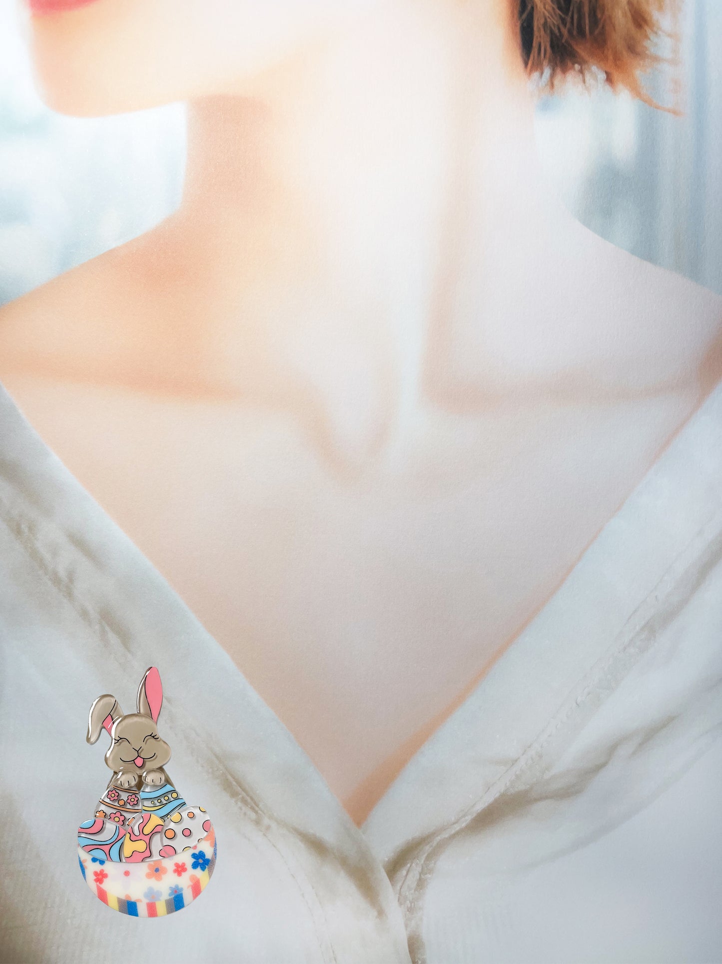 Pretty Bunny and Easter Eggs in a Bowl Brooch (Brown bunny)