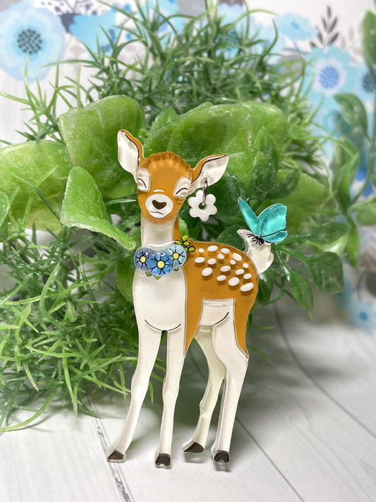 Dear Deer in Spring Brooch with Blue Butterfly