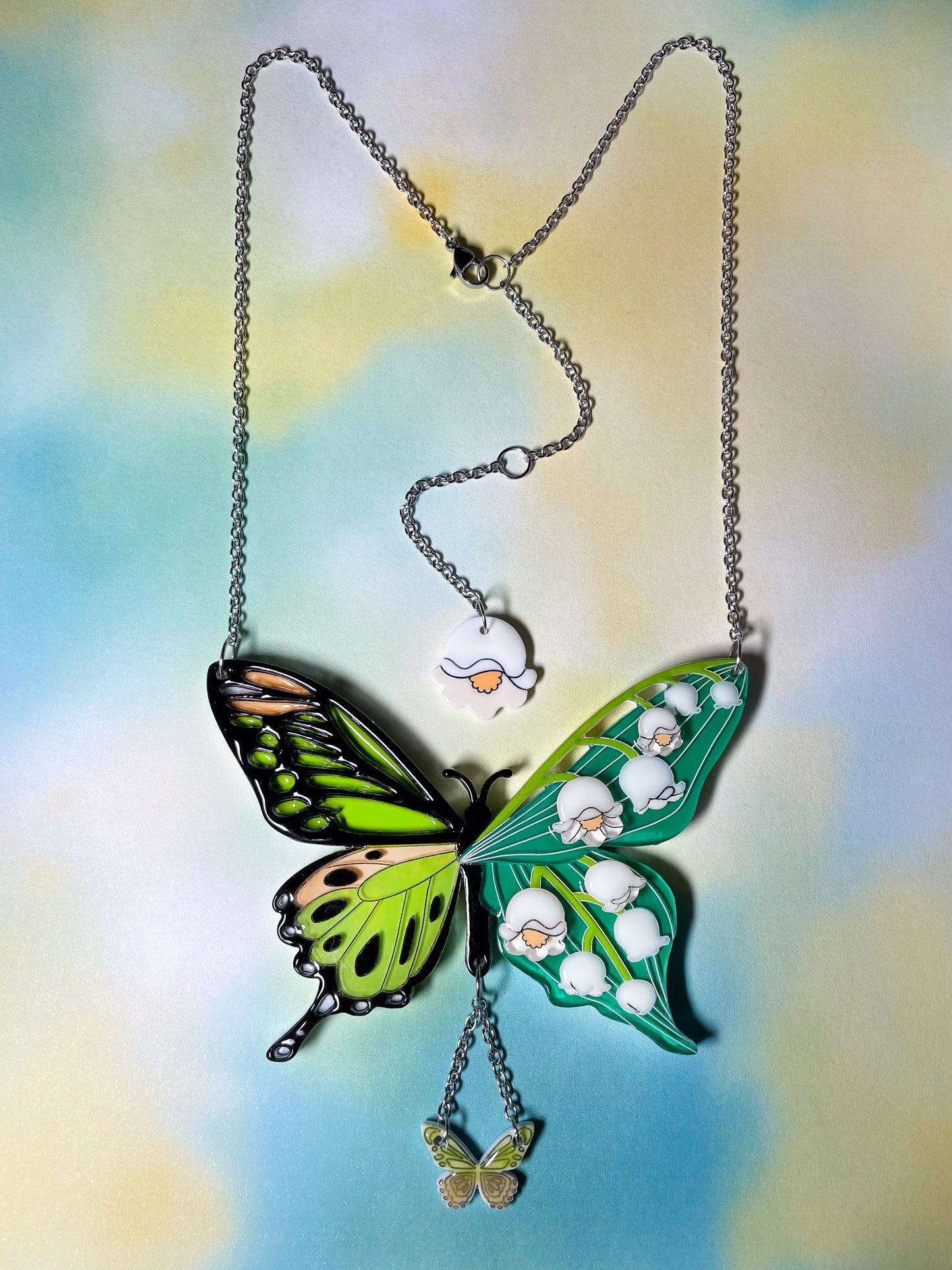 Stained Glass Butterfly Necklace with Lily of the Valley