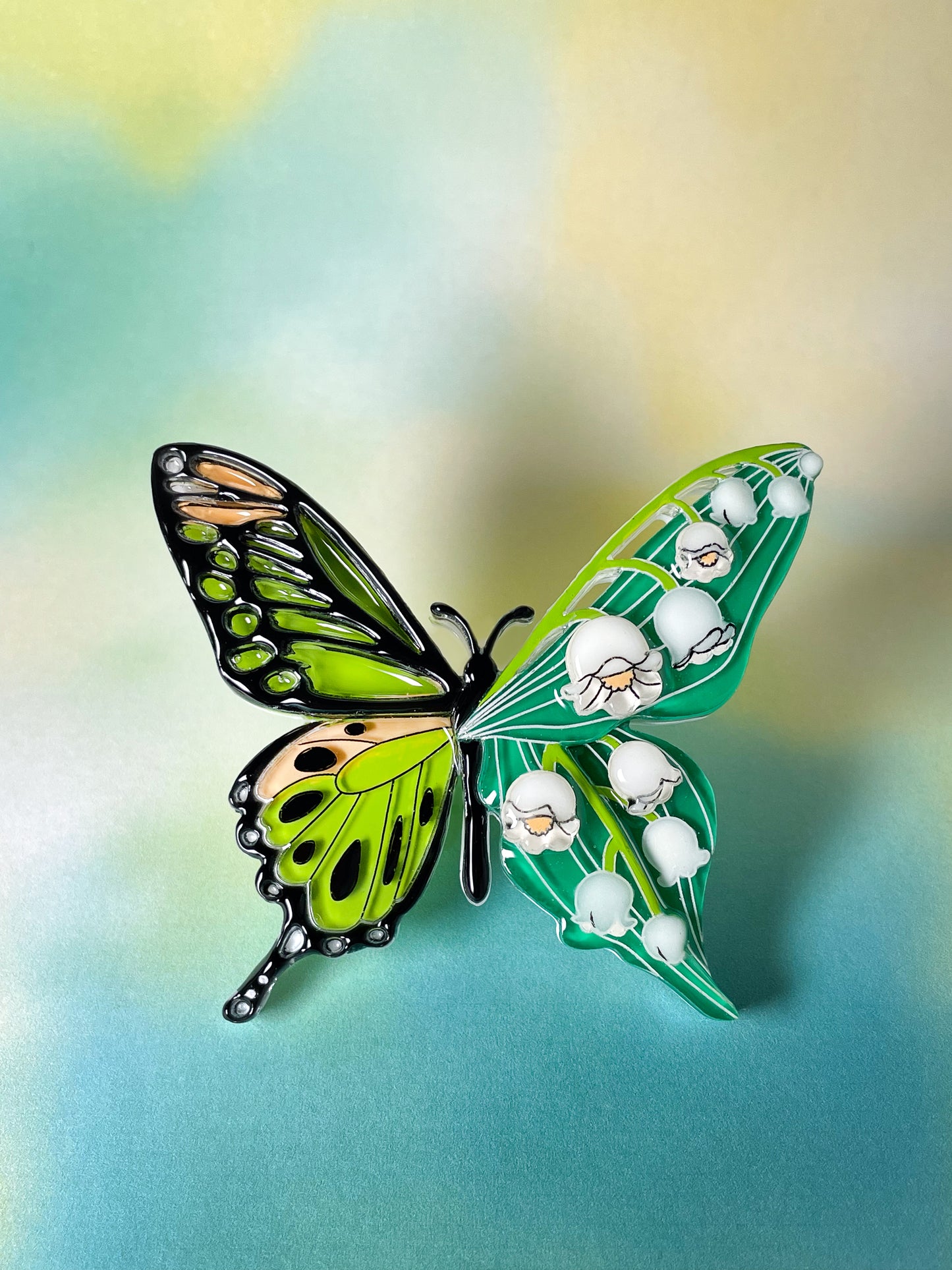 Stained Glass Butterfly Brooch with Lily of the Valley