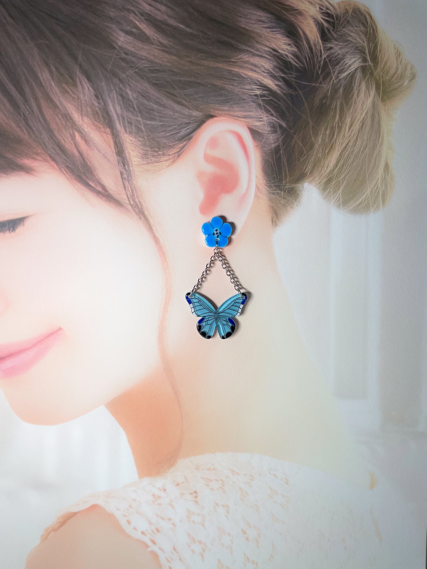 Stained Glass Butterfly Drop Earrings with Anemone