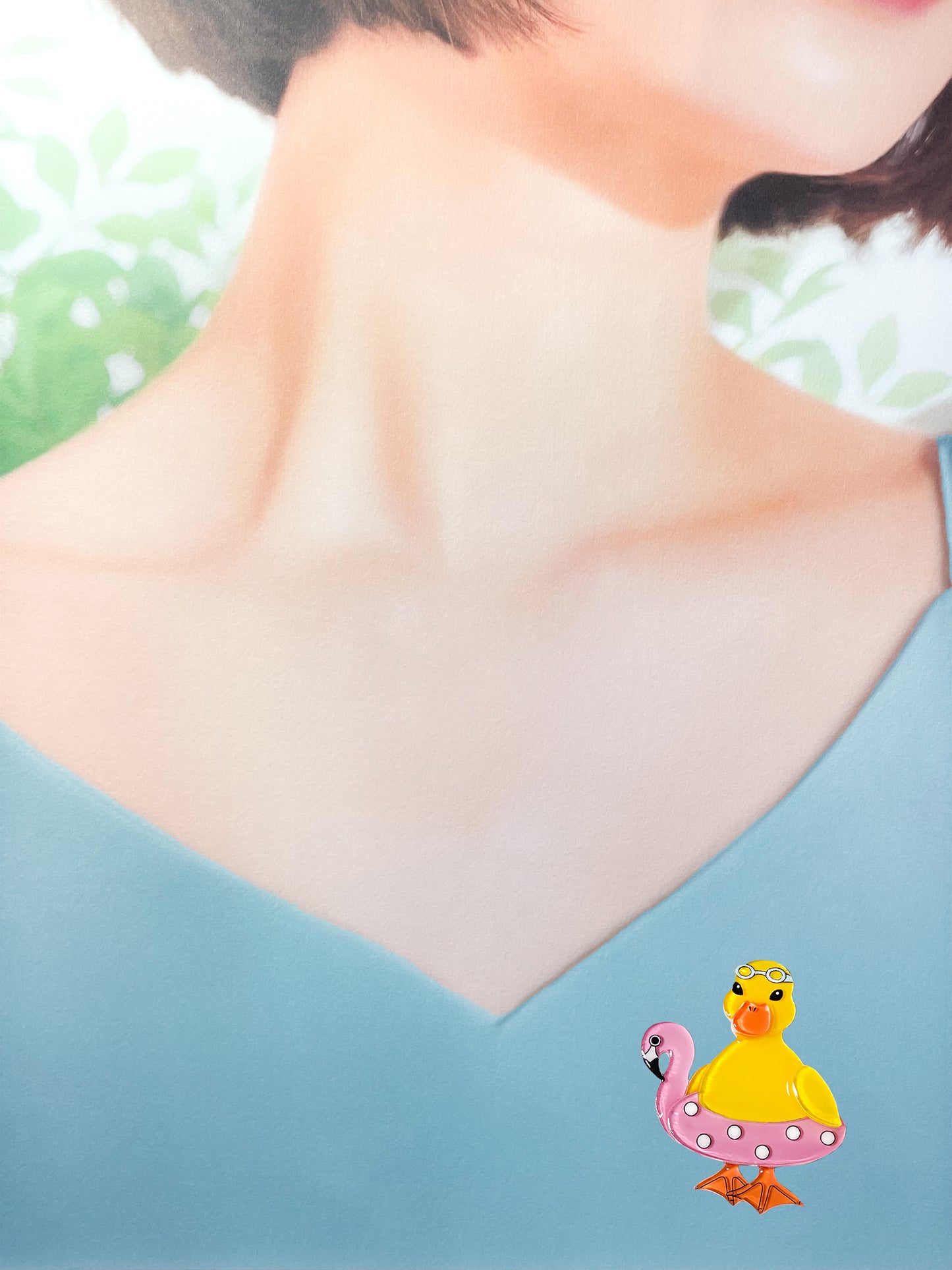 Ducks Swimming Lesson with Flamingo Pool Float Brooch (Yellow)