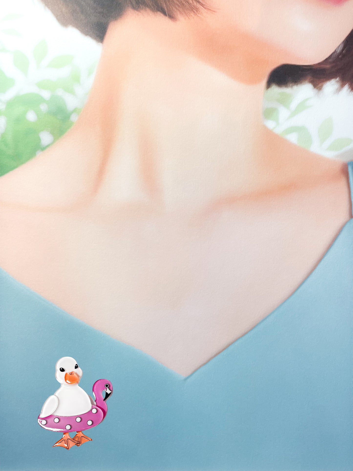 Ducks Swimming Lesson with Flamingo Pool Float Brooch (White)