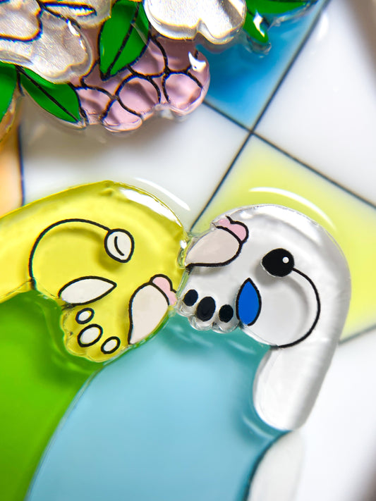 Stained Glass Parakeets Brooch