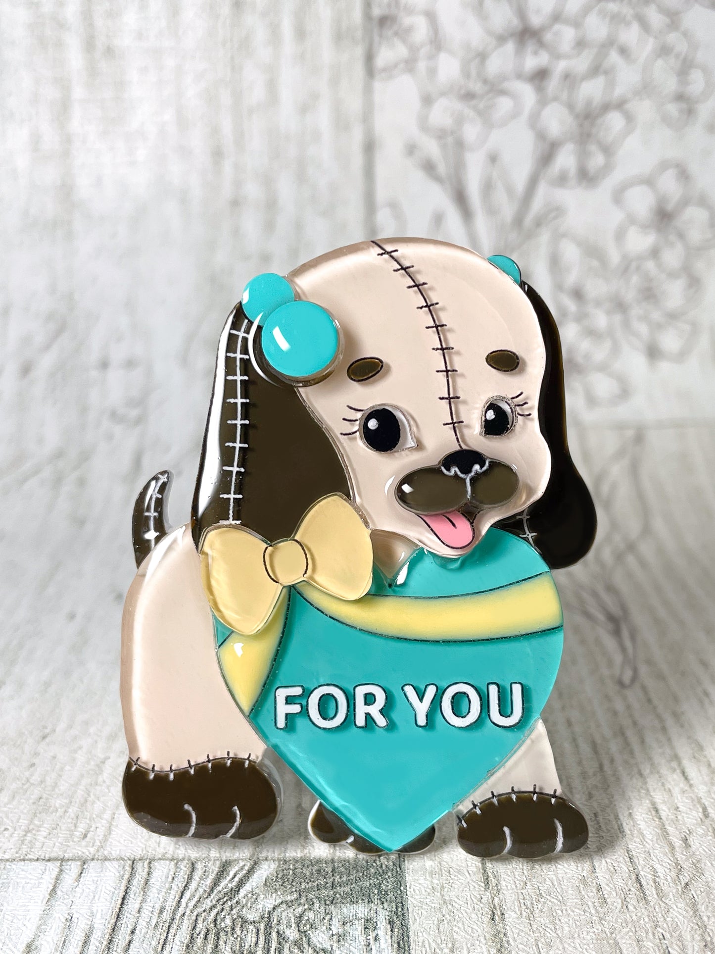 Stuffed Dog in Love Brooch (Green heart)