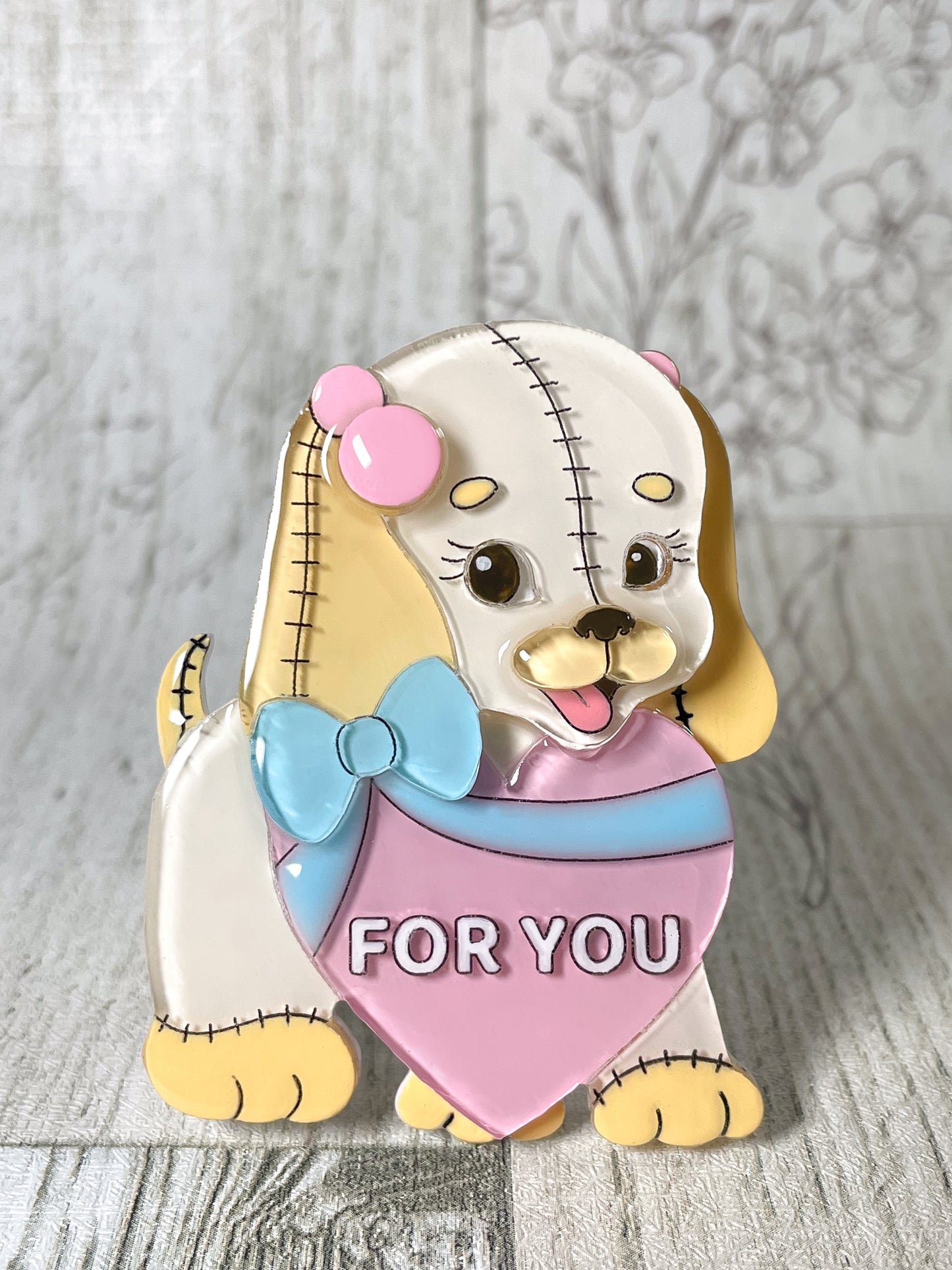 Stuffed Dog in Love Brooch (Pink heart)