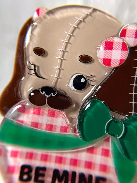 Stuffed Dog in Love Brooch (Checkered heart with Green ribbon)