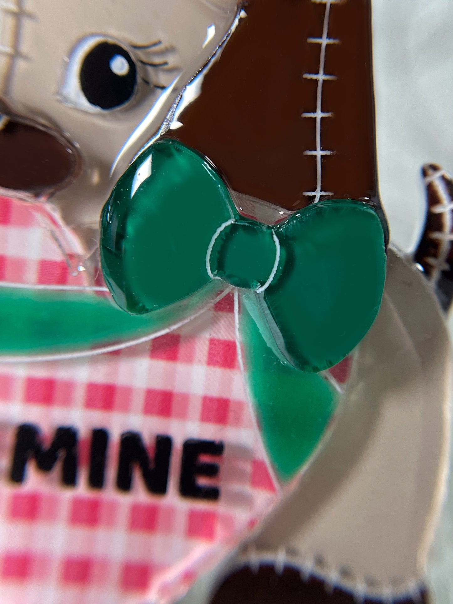 Stuffed Dog in Love Brooch (Checkered heart with Green ribbon)