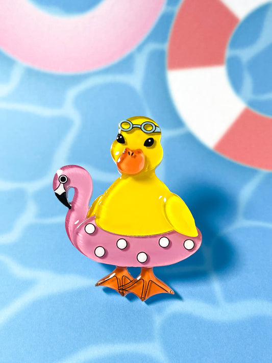 Ducks Swimming Lesson with Flamingo Pool Float Brooch (Yellow)