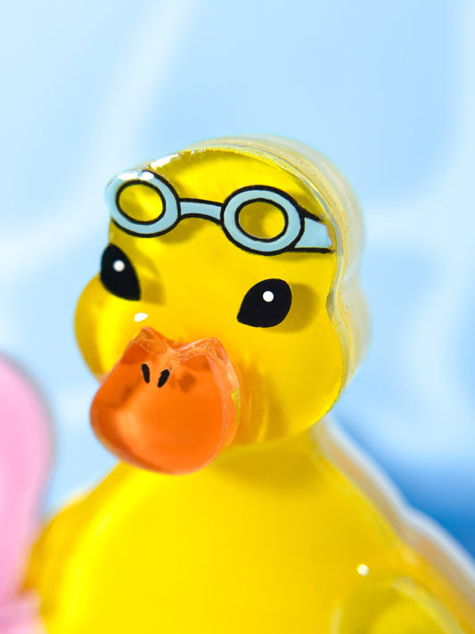 Ducks Swimming Lesson with Flamingo Pool Float Brooch (Yellow)