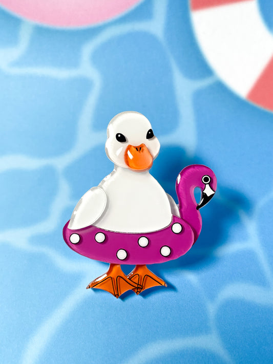 Ducks Swimming Lesson with Flamingo Pool Float Brooch (White)