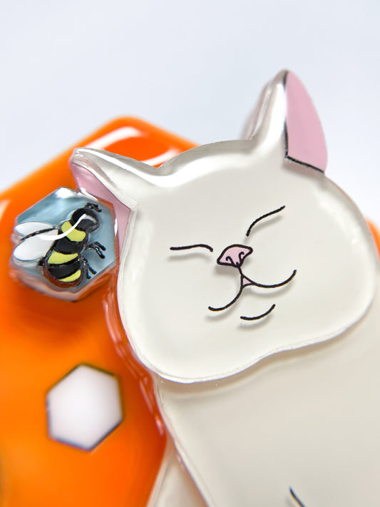 Bee Kind Brooch (White cat)
