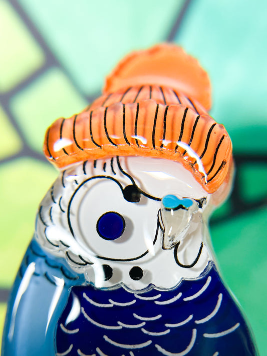 Winter Parakeet Brooch (Orange beanie)