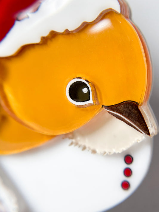 Christmas version of Japanese white-eye bird brooch (Mustard yellow)