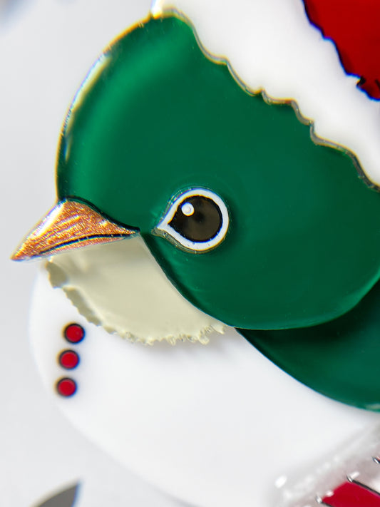 Christmas version of Japanese white-eye bird brooch (Green)