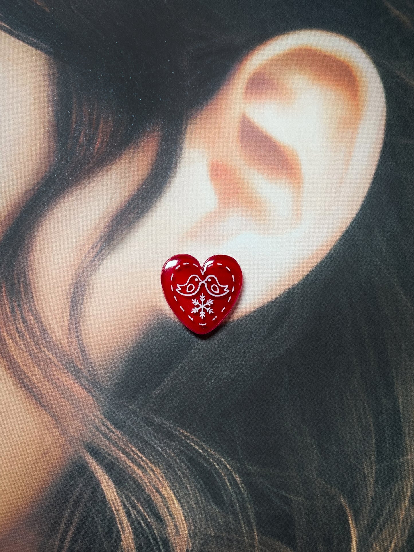 Kissing birds stud earrings (Dark red)