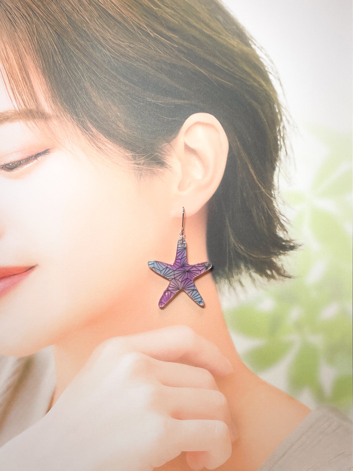 Geometric pattern starfish drop earrings (Purple)