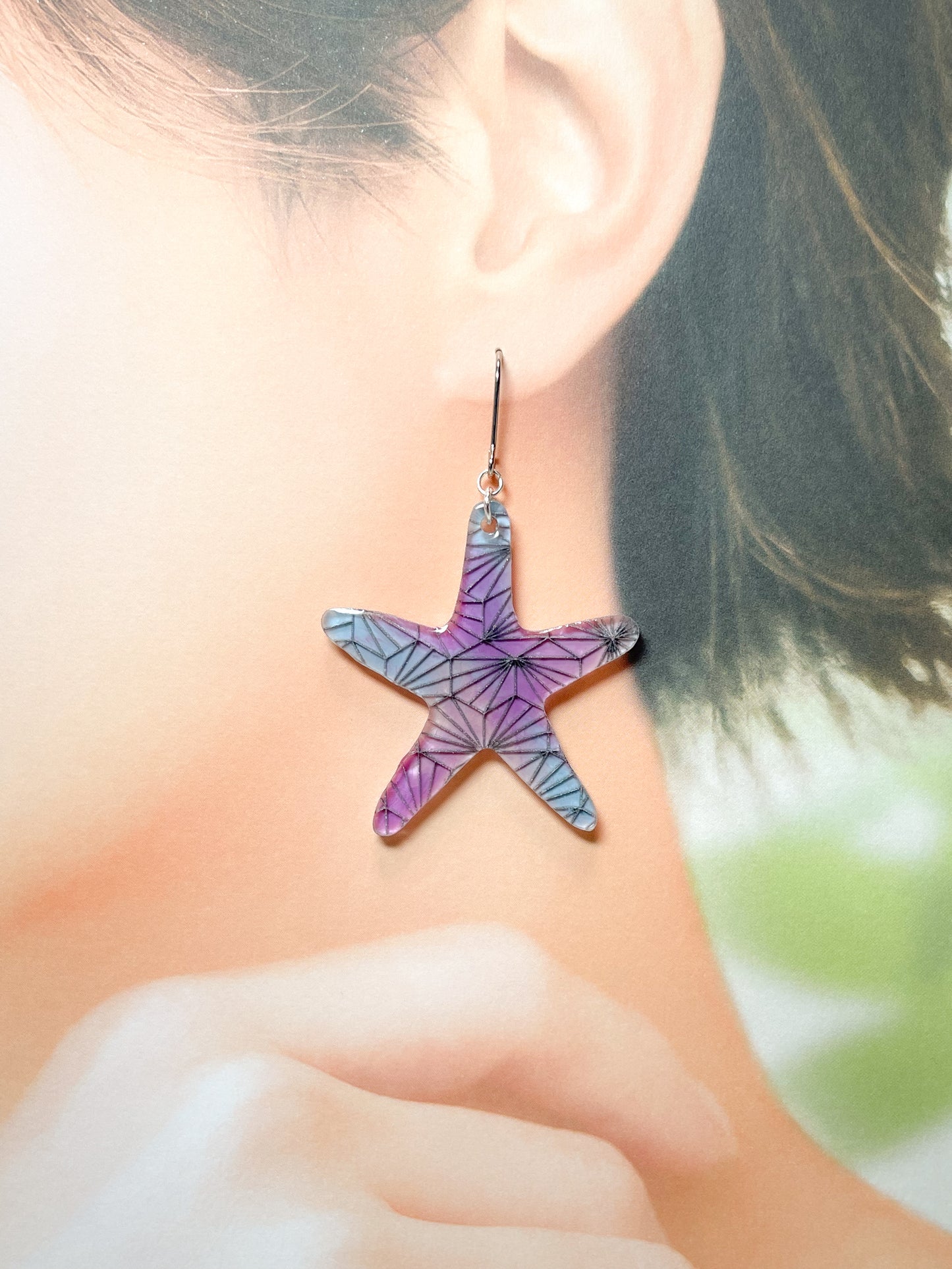 Geometric pattern starfish drop earrings (Purple)