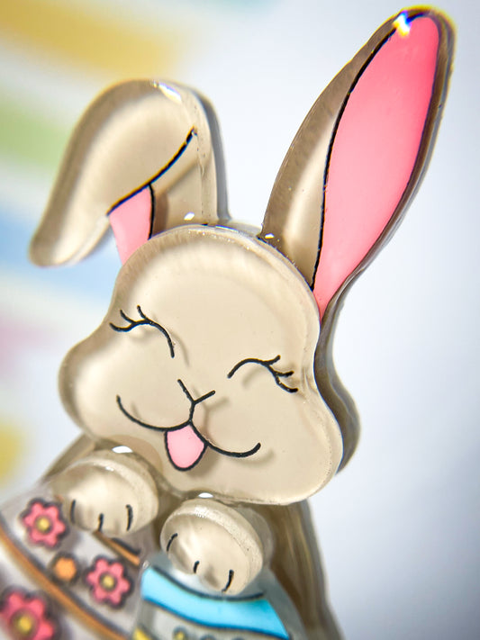 Pretty Bunny and Easter Eggs in a Bowl Brooch (Brown bunny)