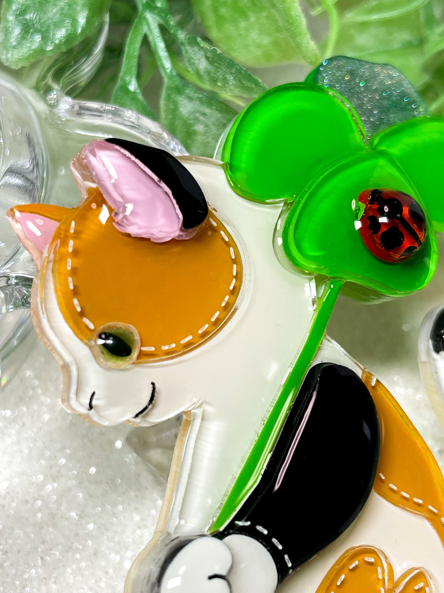 Stitch cat with lucky clover and ladybug