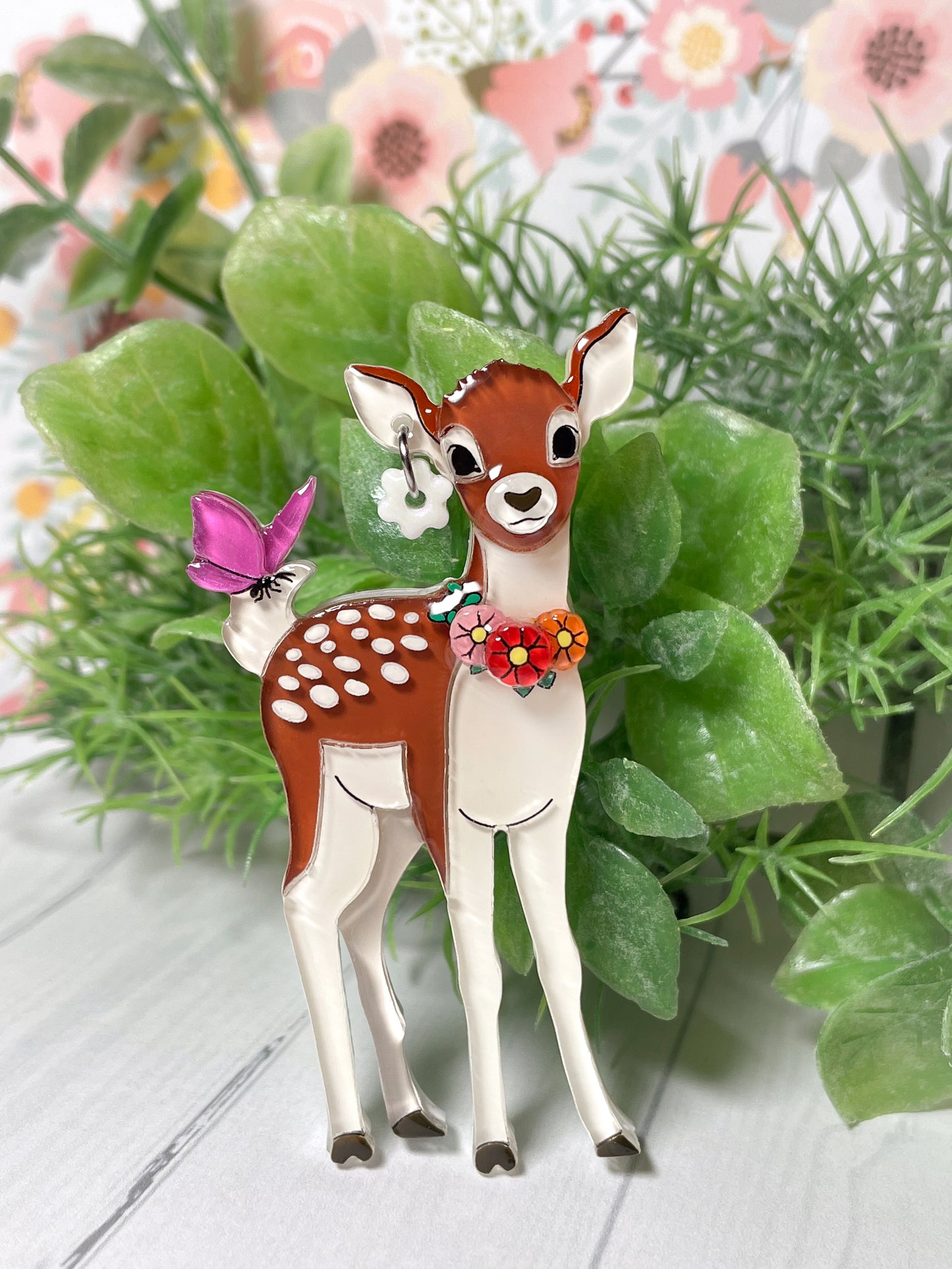 Dear Deer in Spring Brooch with Pink Butterfly