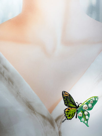 Stained Glass Butterfly Brooch with Lily of the Valley