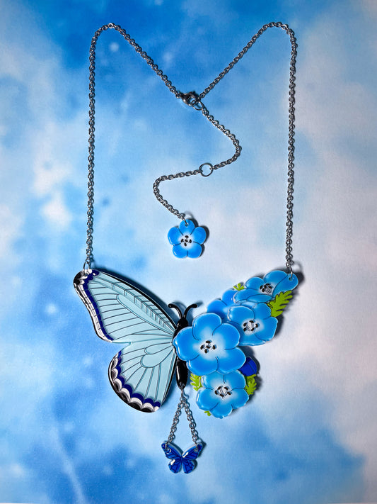 ステンドグラス風蝶々とアネモネのネックレス