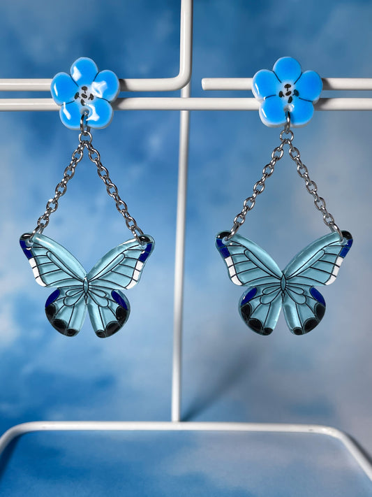 ステンドグラス風蝶々とアネモネのドロップピアス 