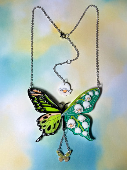 Stained Glass Butterfly Necklace with Lily of the Valley