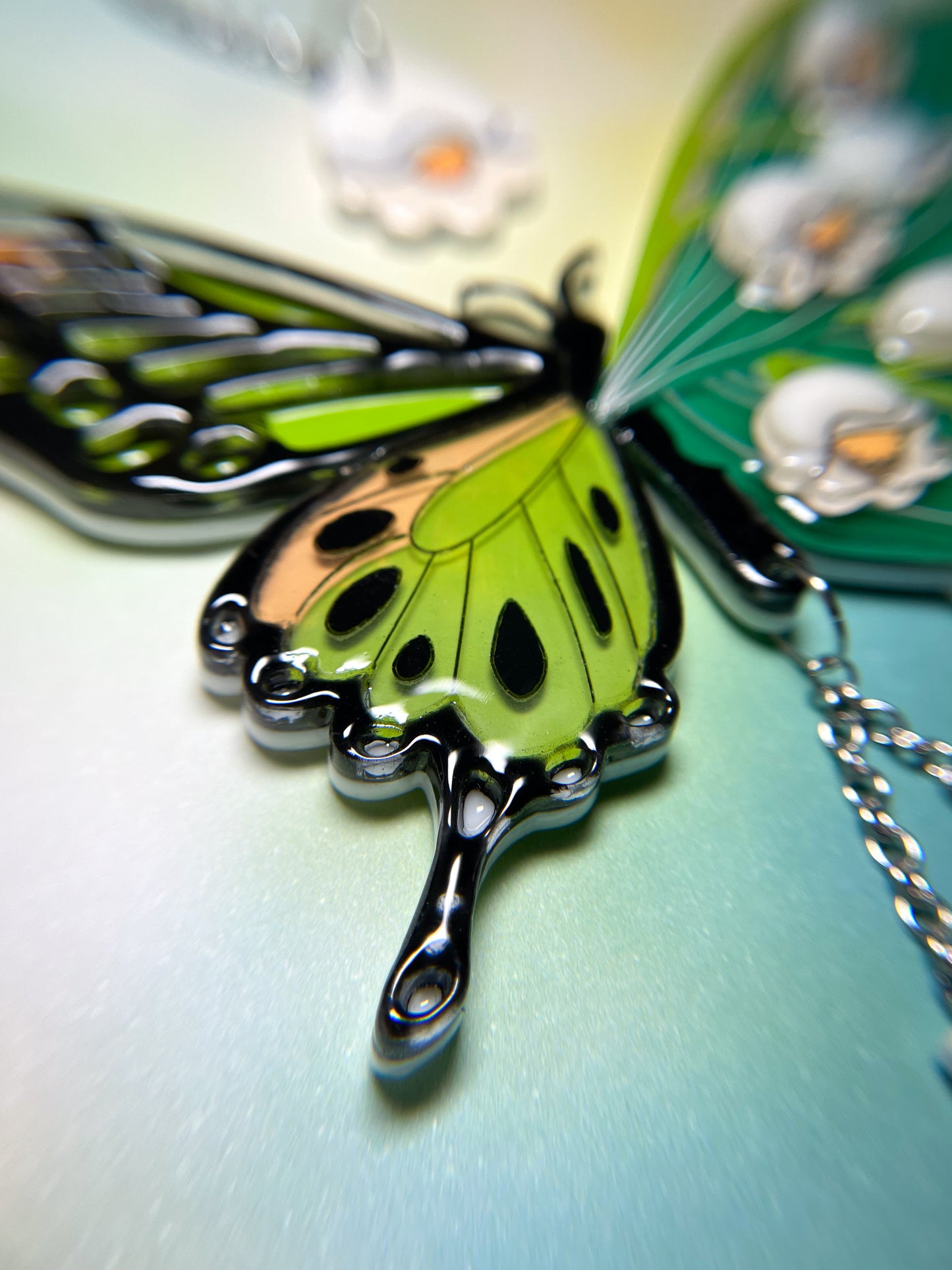 Stained Glass Butterfly Necklace with Lily of the Valley