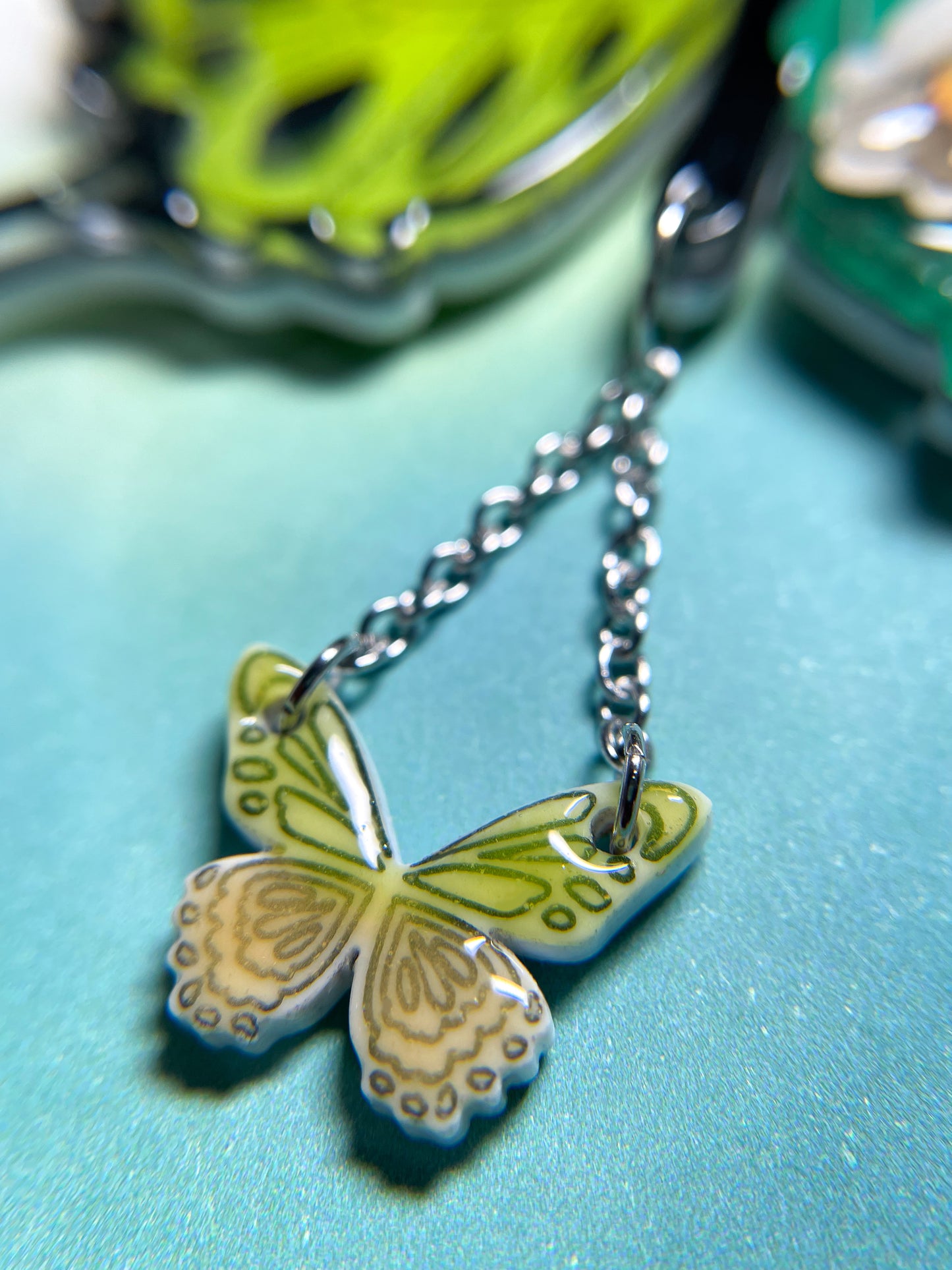 Stained Glass Butterfly Necklace with Lily of the Valley