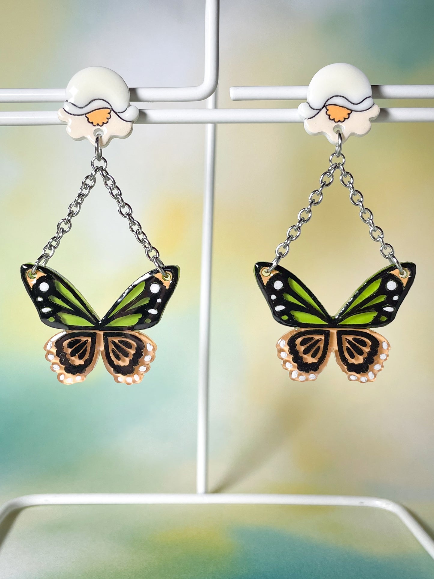 Stained Glass Butterfly Drop Earrings with Lily of the Valley