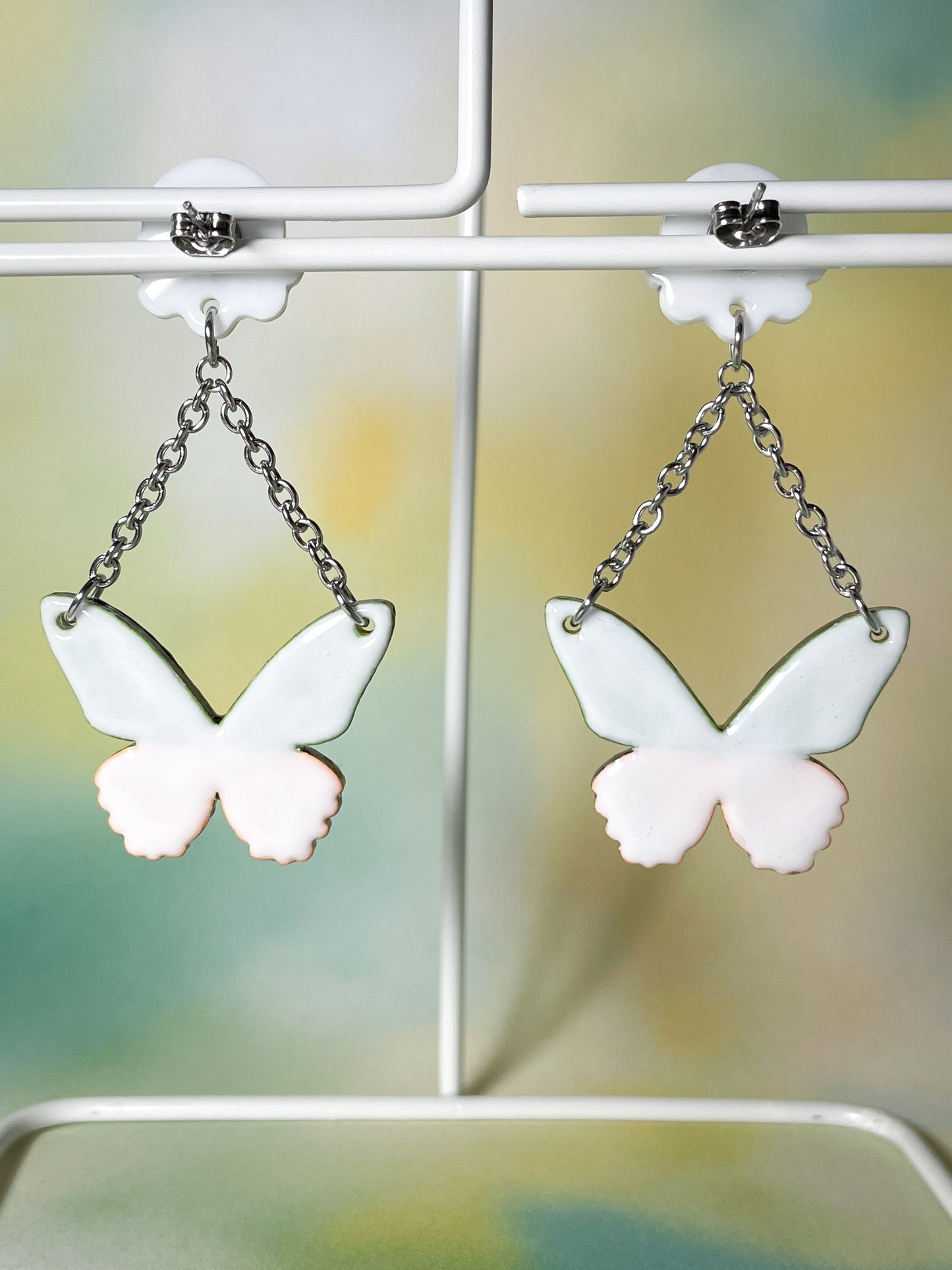 Stained Glass Butterfly Drop Earrings with Lily of the Valley