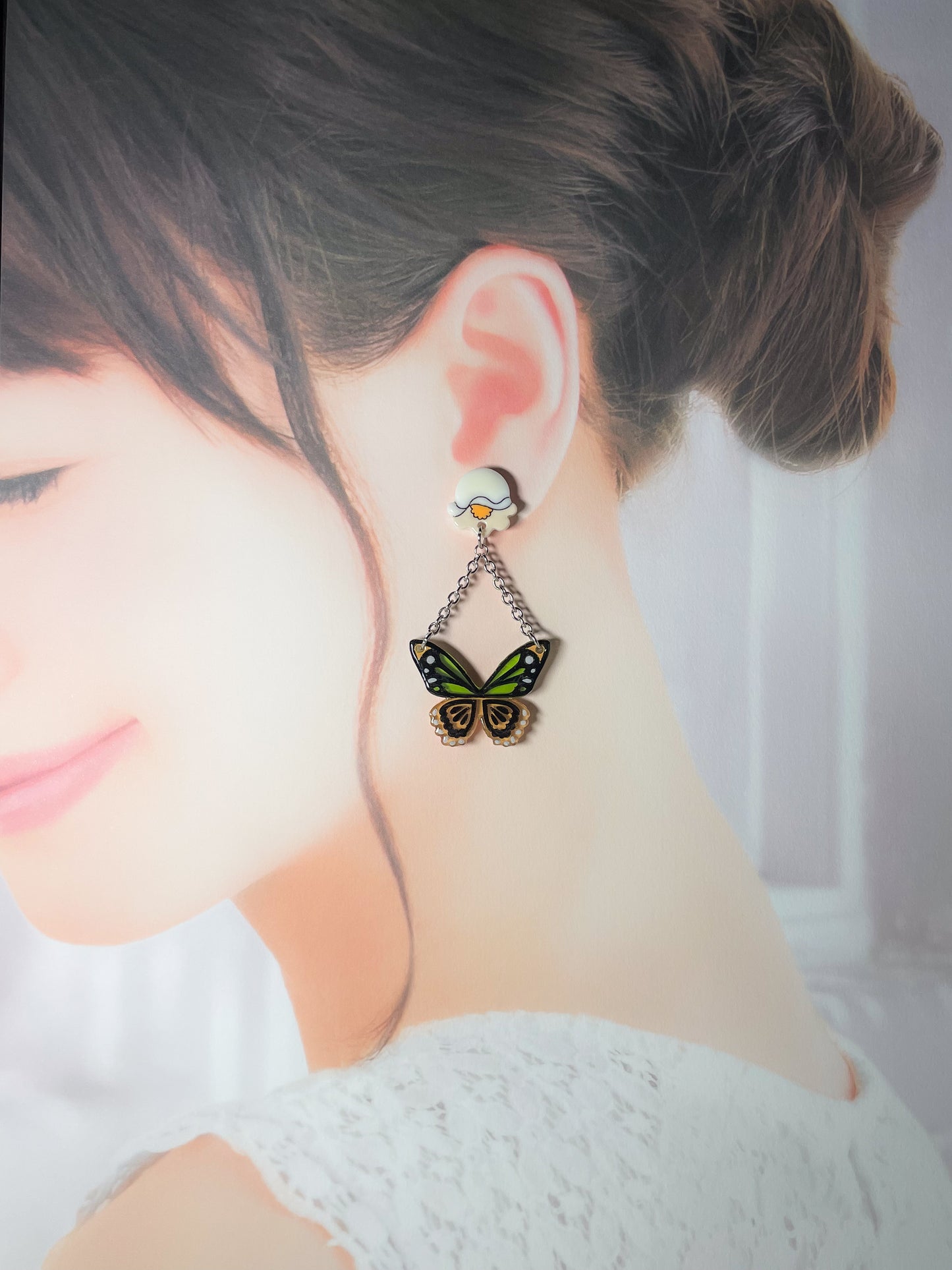 Stained Glass Butterfly Drop Earrings with Lily of the Valley