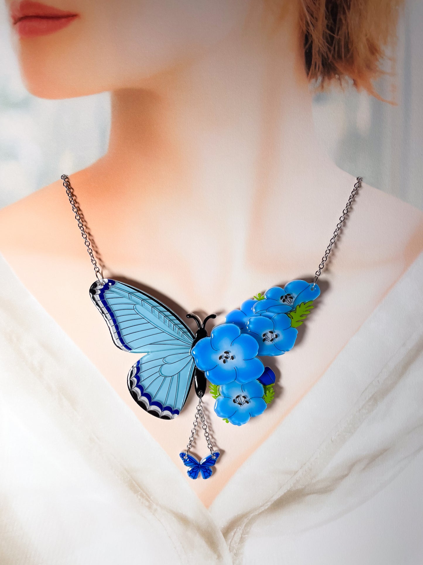 Stained Glass Butterfly Necklace with Anemone