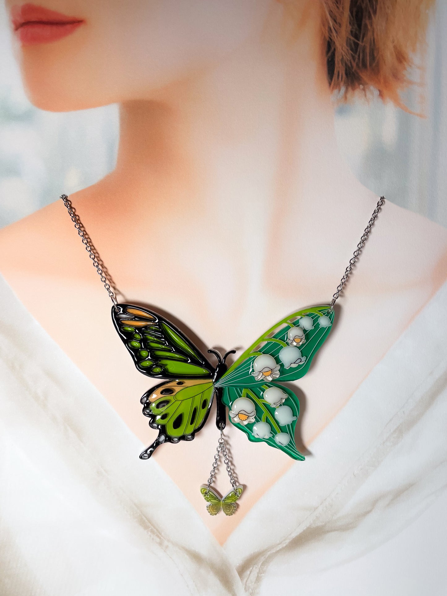 Stained Glass Butterfly Necklace with Lily of the Valley