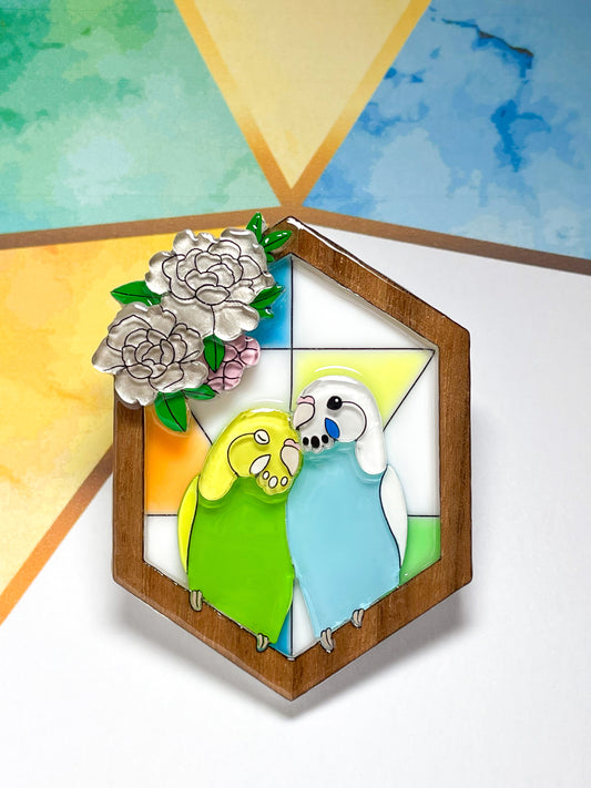 Stained Glass Parakeets Brooch