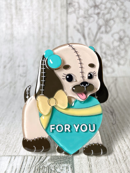 Stuffed Dog in Love Brooch (Green heart)