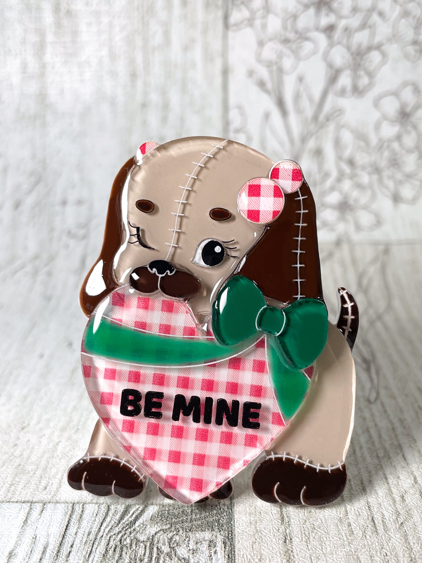 Stuffed Dog in Love Brooch (Checkered heart with Green ribbon)