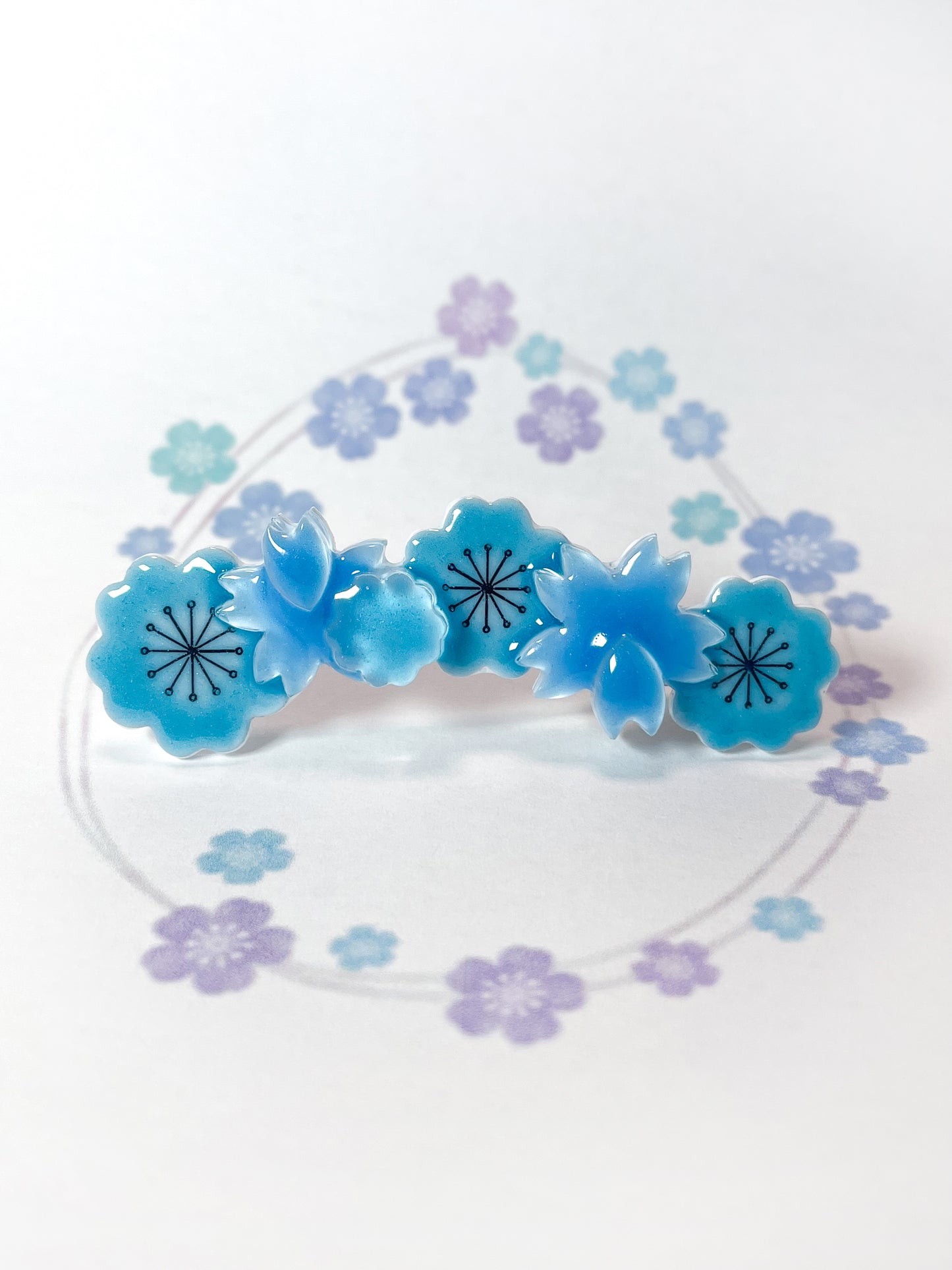 Japanese Cherry Blossom & Japanese Hemp Leaf Pattern Hair Clips (Blue)