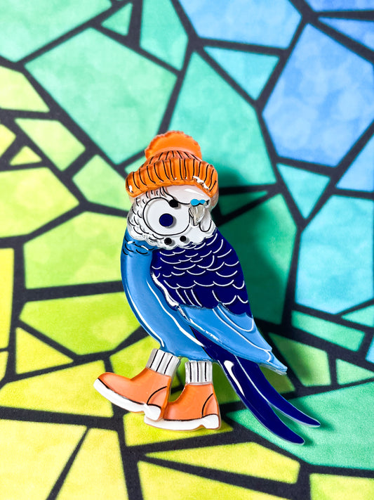 Winter Parakeet Brooch (Orange beanie)