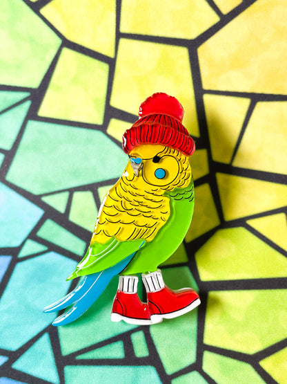 Winter Parakeet Brooch (Red beanie)