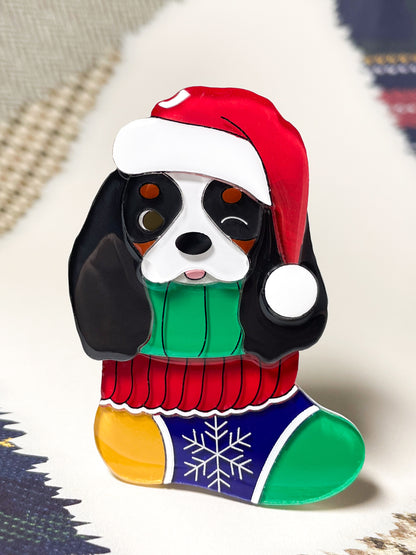 Cavalier in Christmas Stocking Brooch (Tri color)