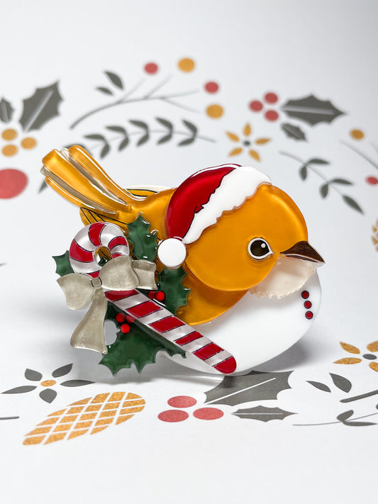 Christmas version of Japanese white-eye bird brooch (Mustard yellow)