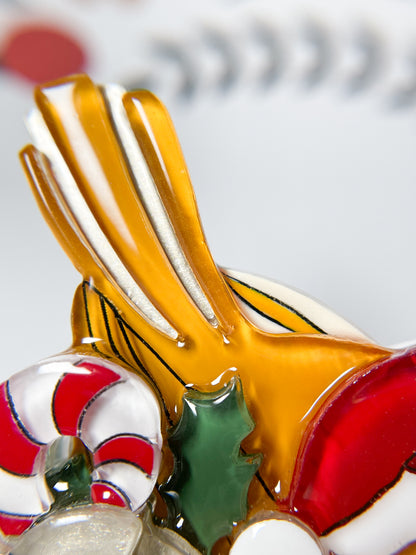 Christmas version of Japanese white-eye bird brooch (Mustard yellow)