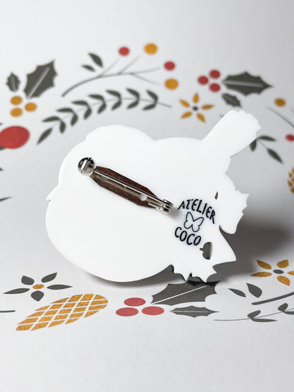 Christmas version of Japanese white-eye bird brooch (Mustard yellow)