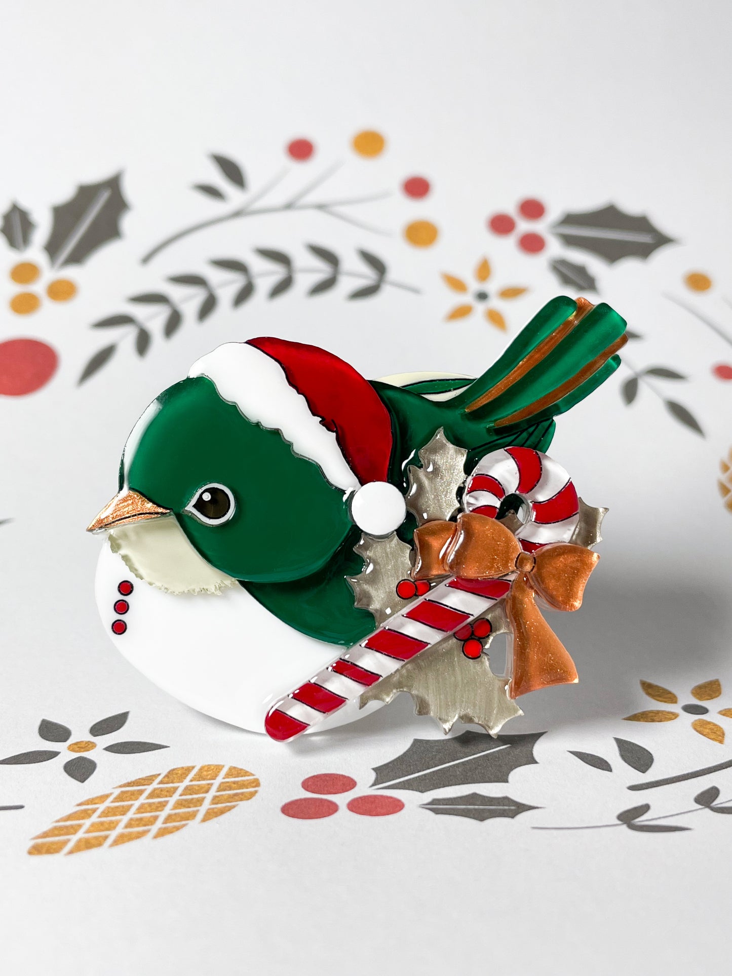 Christmas version of Japanese white-eye bird brooch (Green)