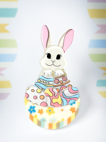 Pretty Bunny and Easter Eggs in a Bowl Brooch (White bunny)