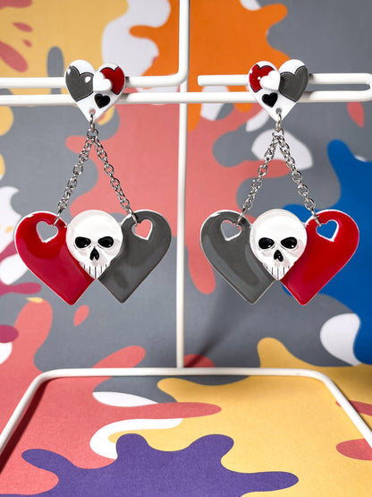 Sweet Skull Heart Earrings (Red & Gray)