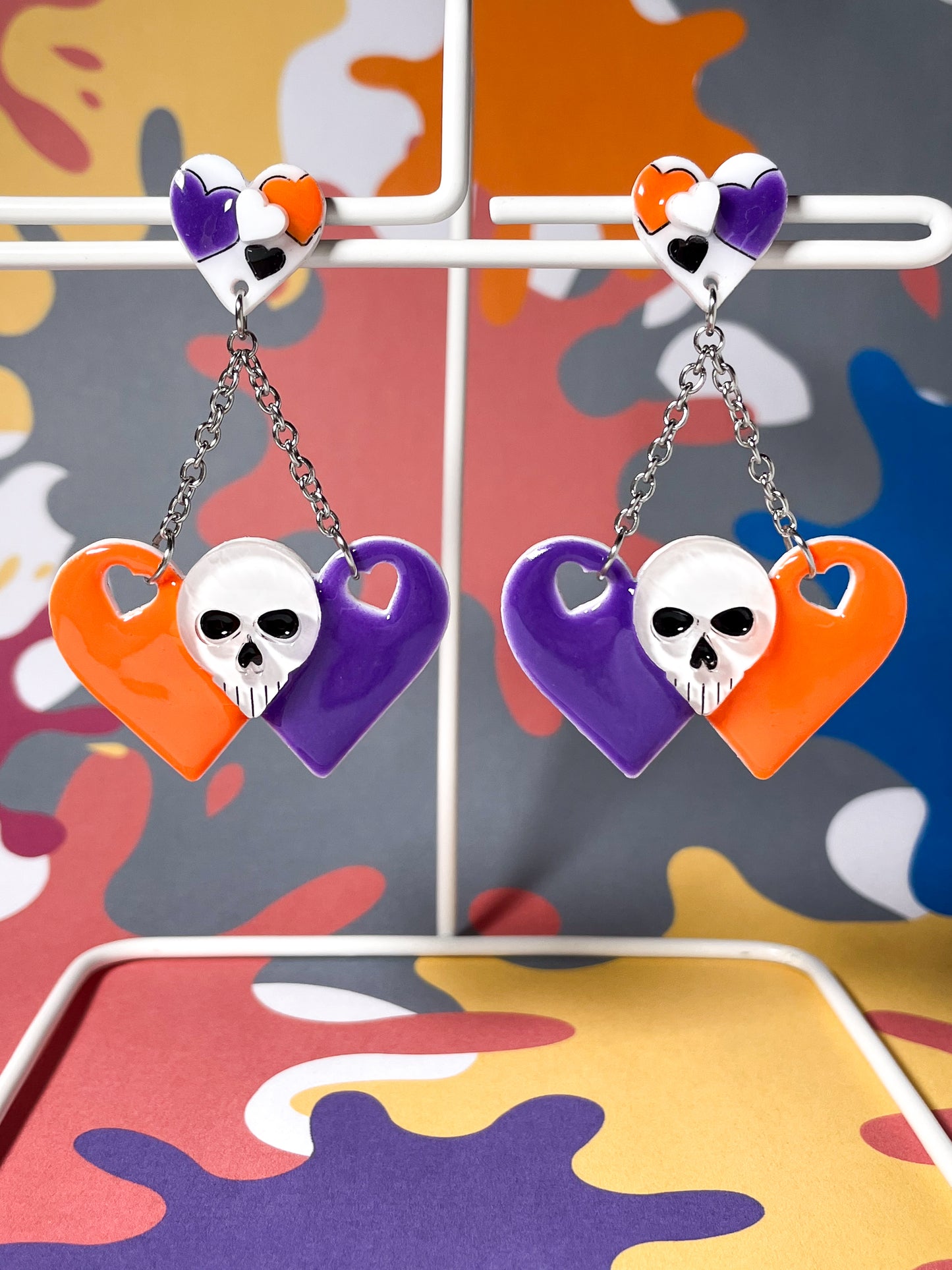 Sweet Skull Heart Earrings (Orange & Purple)